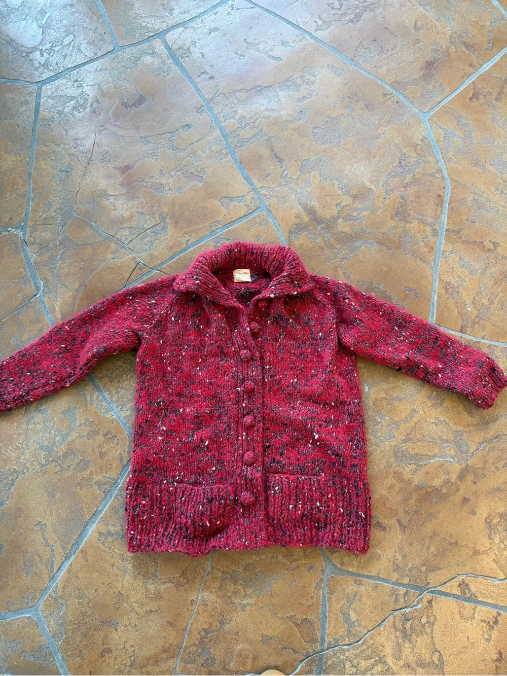 Hand Knit by Anna Rey Red Speckled Cable Knit Button Cardigan Pockets M